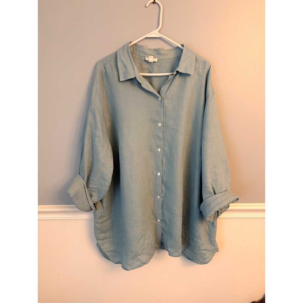 J. Jill Love Linen Light Blue 100% Linen Button Down Shirt Coastal Boho Chic  3X